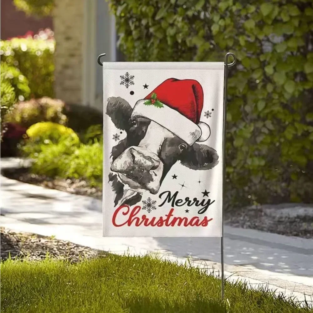 Merry Christmas Cow Garden Flag Winter Snowflake Holiday Decorative Double Sided